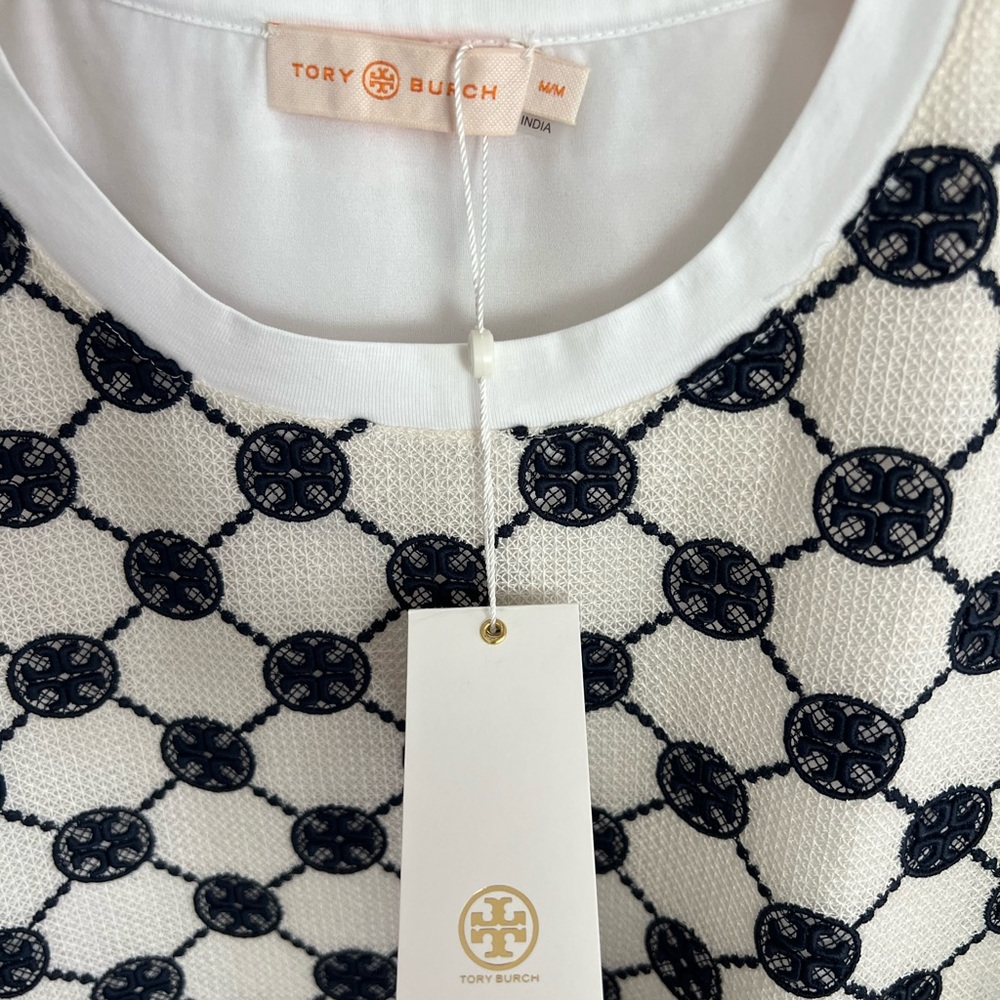 NWT- Tory Burch Logo Lace Tshirt- White & Navy-Medium